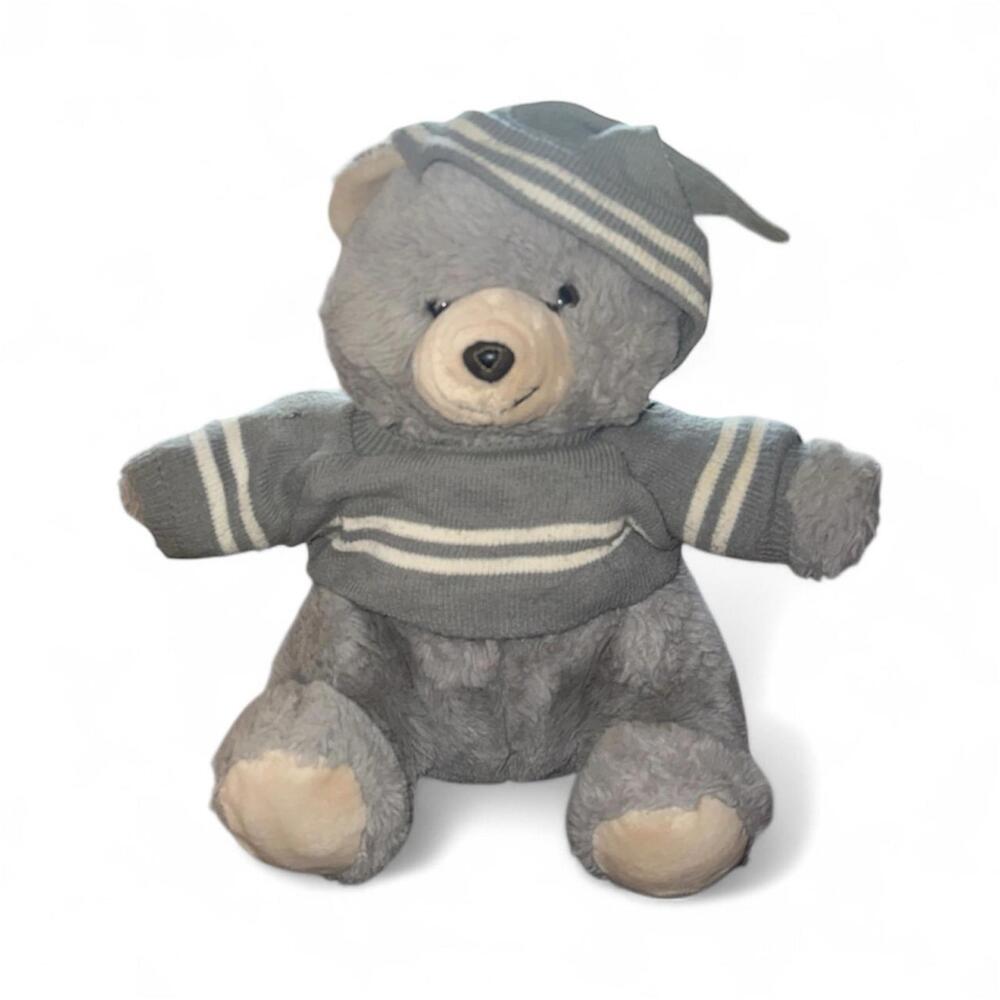 Vintage 1988 Animal Playthings Grey Teddy Bear Plush Sweater and‎ Hat 80s Toy